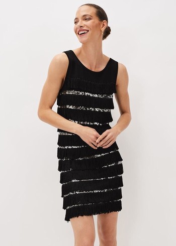 Phase Eight Sofianne Sequin Fringe Dress Black USA | 3948625-YV